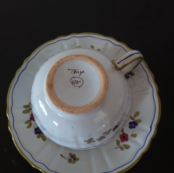 PV Peasant Village Two Cup Saucer Sets Blue Floral Italian Handmade Pottery - Picture 3 of 11